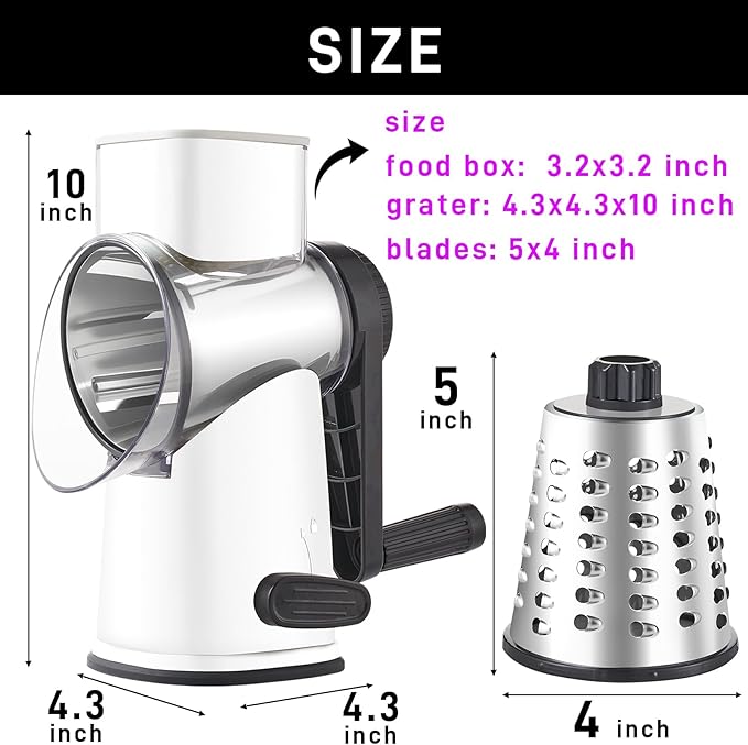 Rotary Cheese Graters with 4 Blades, Hand Crank Cheese Grater with Waffle Slicer, Red, Black and White Cheese Shredder with Suction Base, Easier for Shredding & Grating (White, 4 Graters)