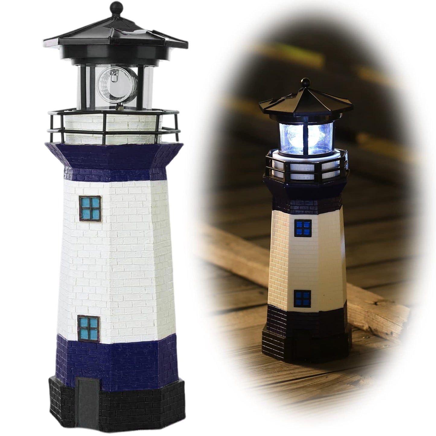 WDLFCGC Solar Powered Lighthouse - 12in Tall, Rotating Beacon, Blue, Model 3131B