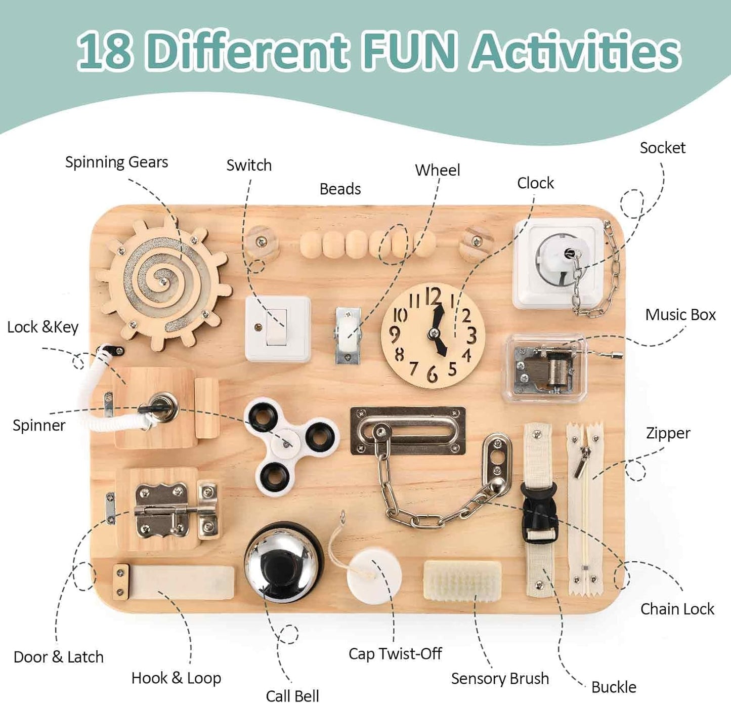 Potatomato Montessori Large Busy Board for 1 2 3 4 Year Old- Wooden Sensory Toys -Fidget Activity Board for Toddlers Boys and Girls- Motor Skills Gifts for ADHD & Autistic Children Kids