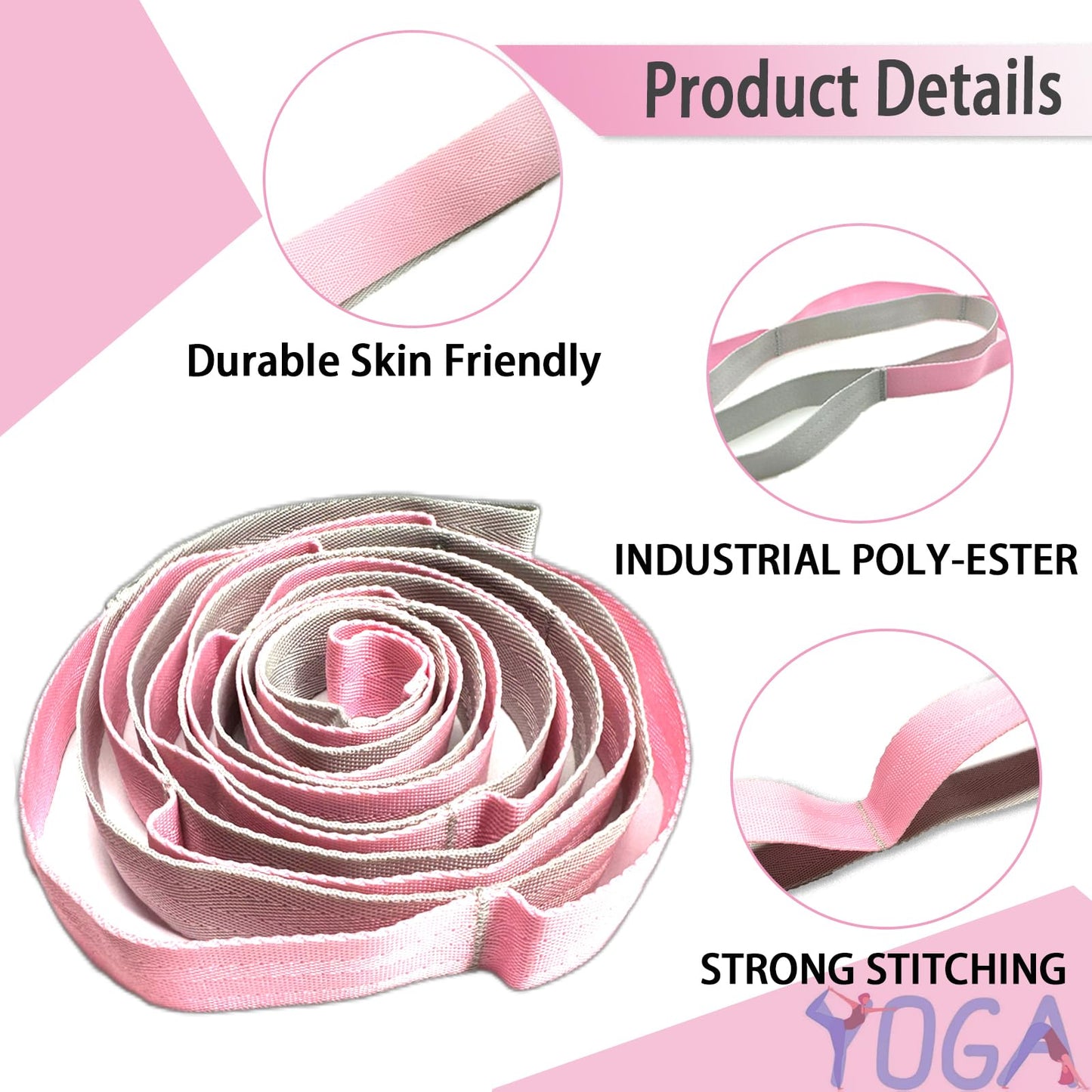Stretching Strap Yoga Strap with Loops, Stretch Out Straps for Physical Therapy, Non-Elastic Exercise Strap for Pilates, Dance and Gymnastics with Workout Guide (Black+Pink/Light Gray)