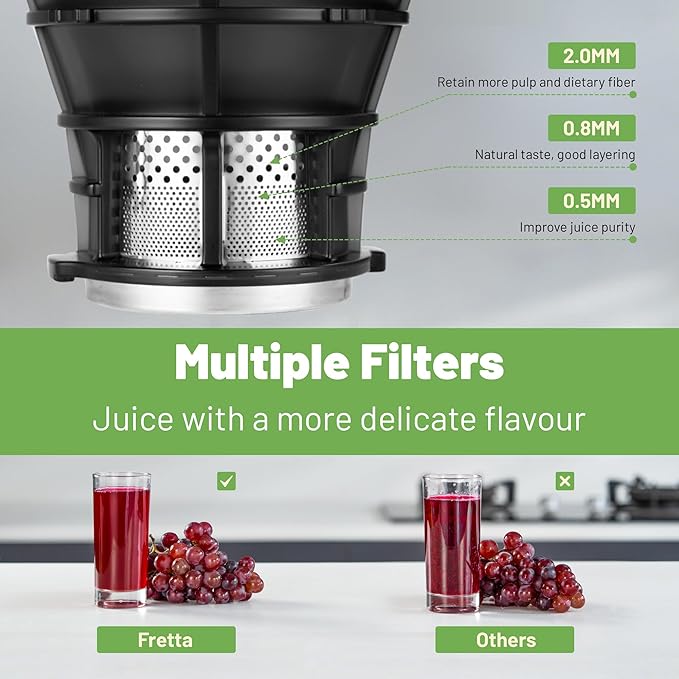 Fretta Cold Press Juicer,Juicer Machines Vegetable and Fruits,Masticating Juicer with 5.3'' Large Feed Chute fit Whole Fruits,BPA-Free, Reverse Function,250W