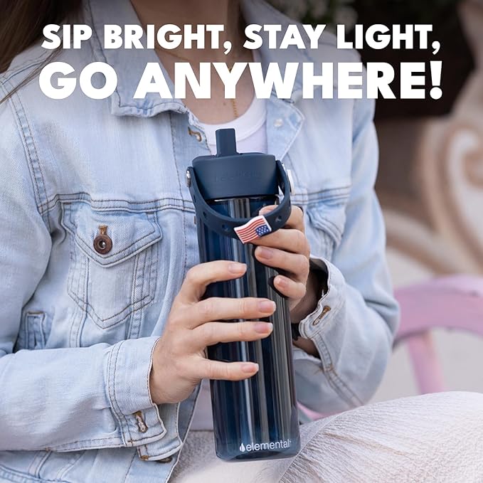 Elemental Splash Water Bottle with Straw - BPA-Free Tritan Plastic Reusable Water Bottle with Charm Strap - Ideal for Travel, Gym and Sports - Leak Proof when Spout is Closed - 26oz - Navy Blue