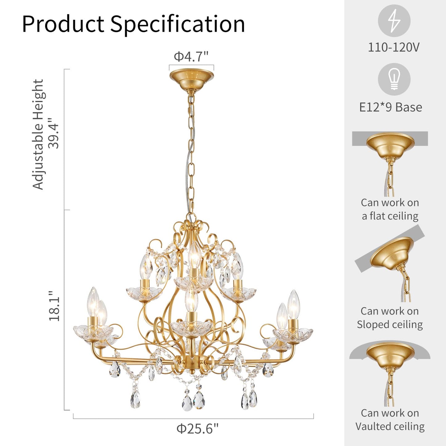 Wuzups 9-Light Crystal Candle Chandelier Pendant Flushmount Ceiling Light Modern Lighting Fixture For Bedroom Hallway Bar Kitchen Bathroom  H 18.1 X W 25.6  Gold  E12 Base
