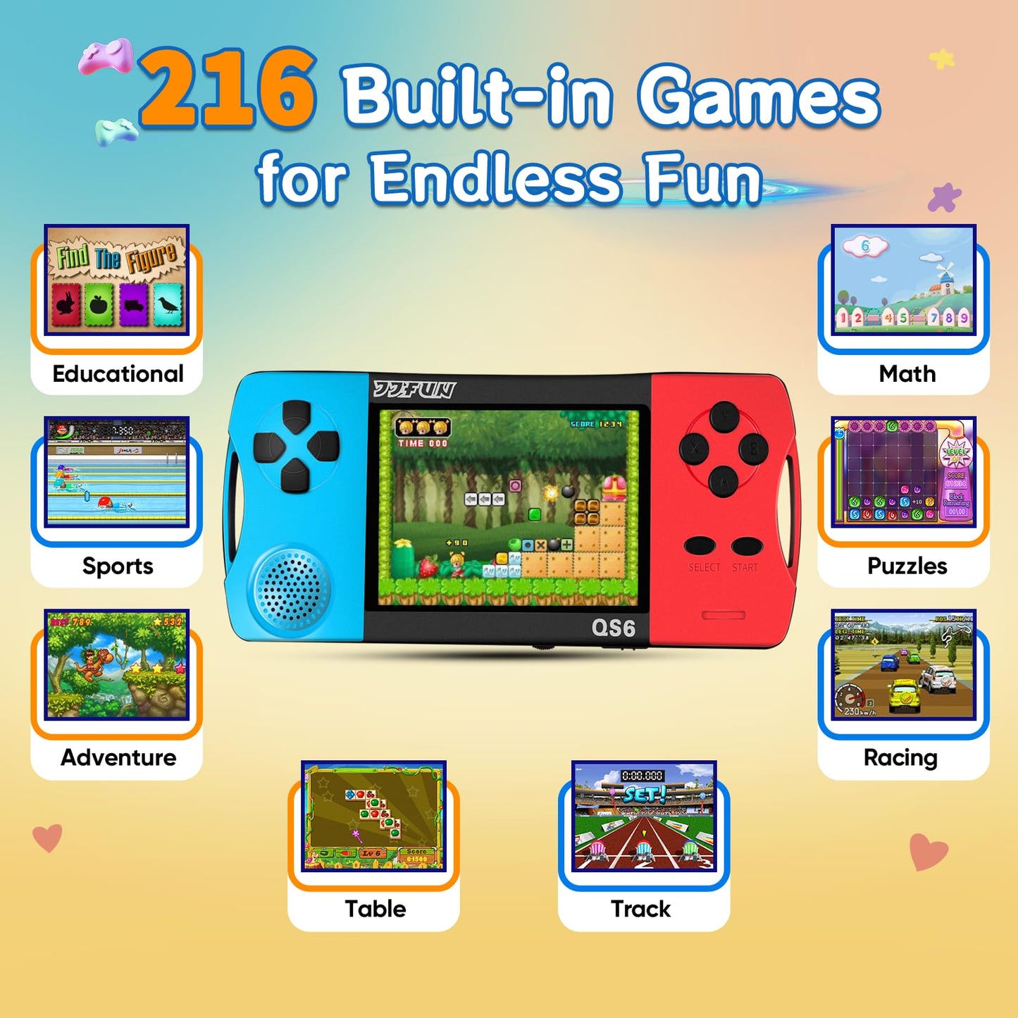 Handheld Games for Kids with 3.5" IPS Large Screen Built-in 216 Retro Video Games Portable Gaming Player with Rechargeable Battery Mini Arcade Electronic Toy Gifts for Boys Girls (Blue+Red)