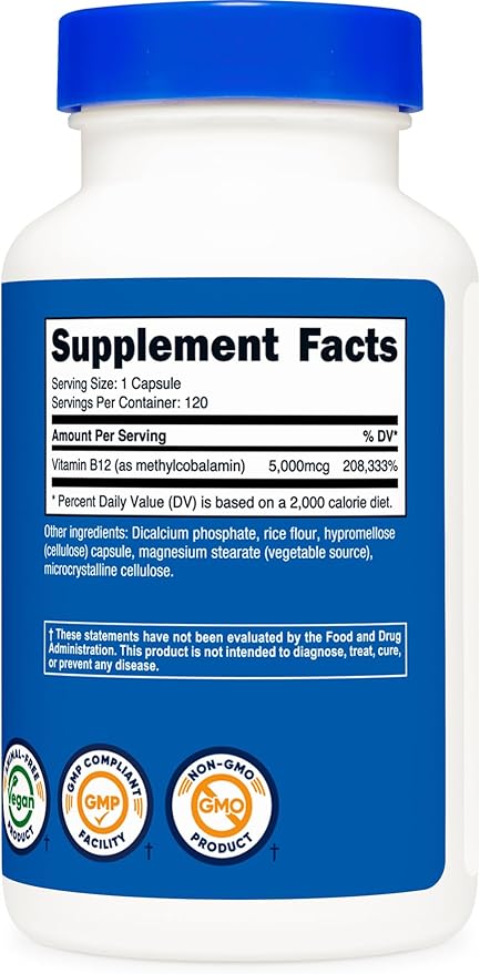 Nutricost Vitamin B12 (Methylcobalamin) 5000mcg, 120 Capsules - Vegetarian Caps, Non-GMO, Gluten Free B12 Supplement