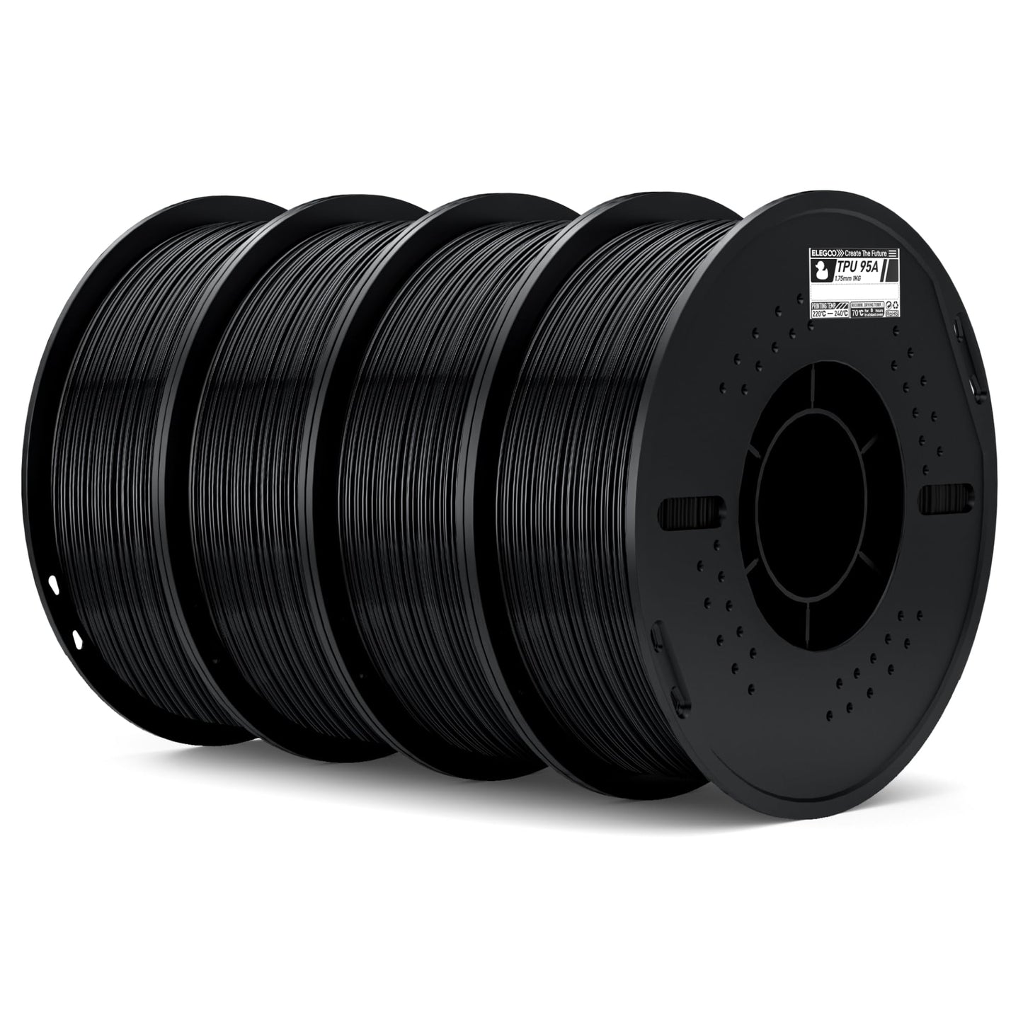 ELEGOO TPU Filament 1.75mm Black 4KG, 95A Flexible Soft 3D Printing Filament 4pcs 1KG Spool(2.2lbs) Fits for Most FDM 3D Printer