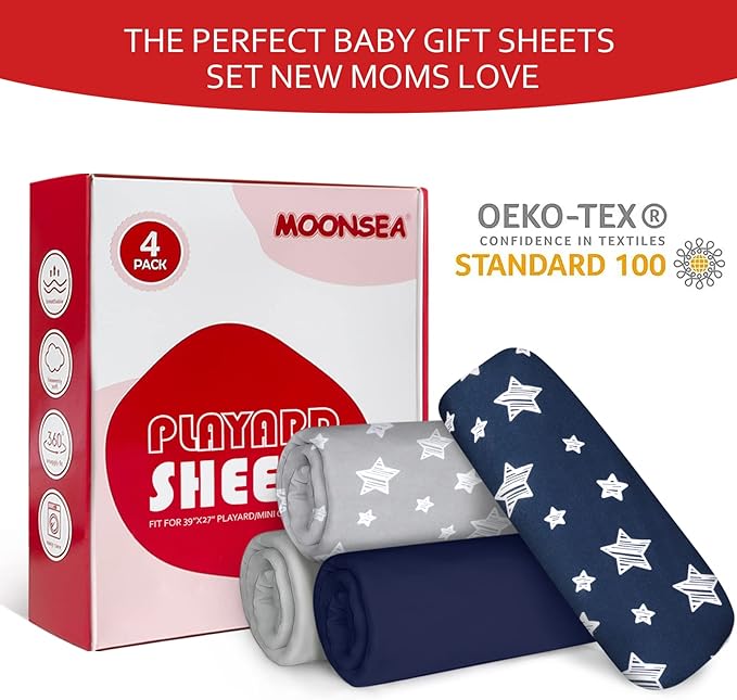 Pack and Play Sheets Boys, 4 Pack Mini Crib Sheets, Stretchy Pack and Play Playard Fitted Sheet, Compatible with Graco Pack n Play, Soft and Breathable Material, Navy