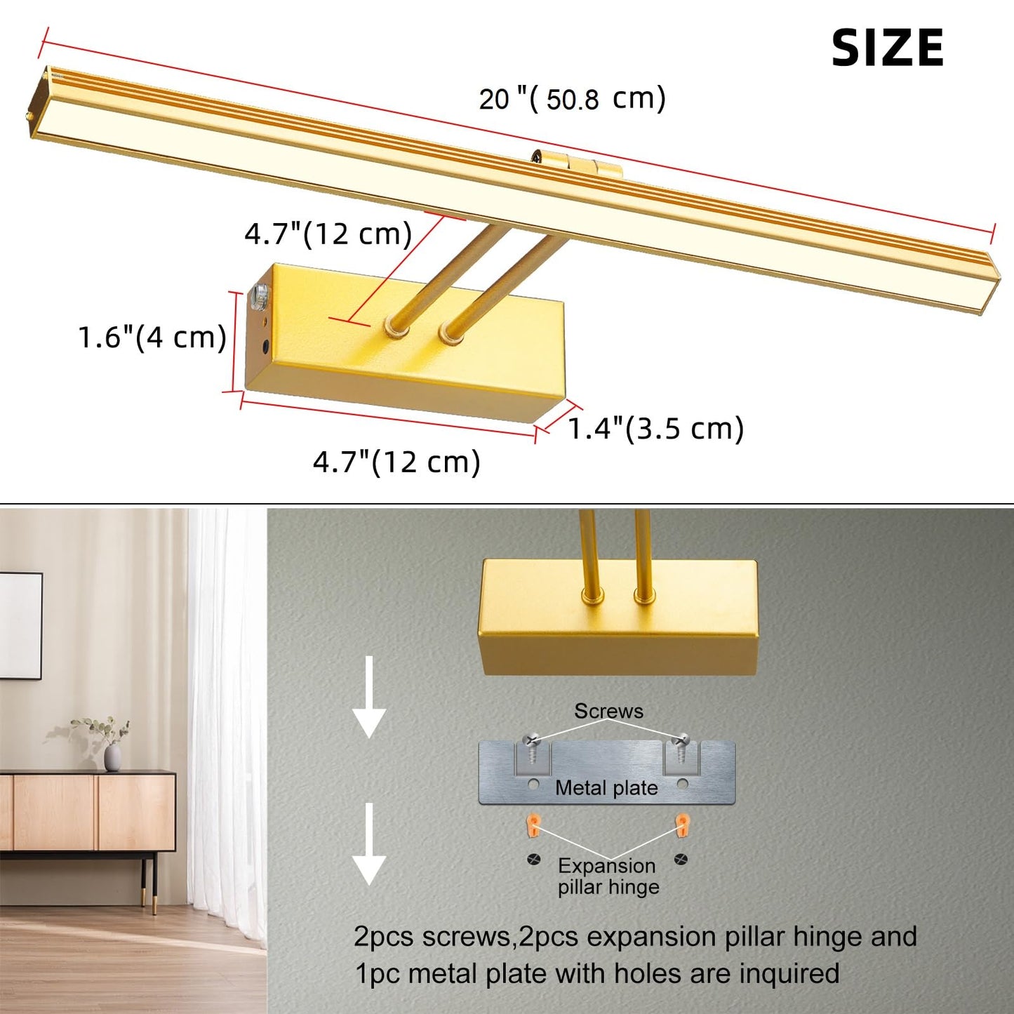 Funchday 20 Battery Picture Light - Wireless Remote, Dimmable, Metal Art Light In Gold, Model Fc70182 For Artwork Display
