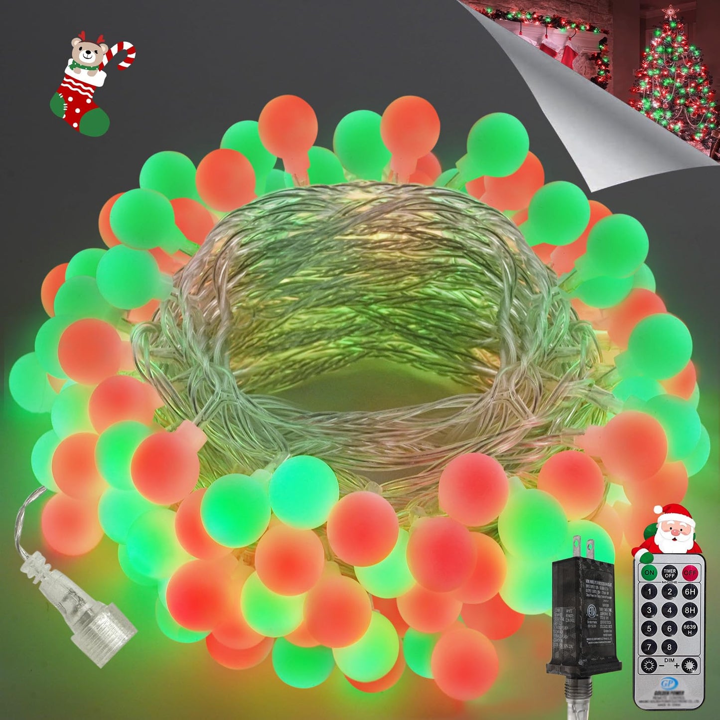 43Ft 100Led Connectable Christmas String Lights Indoor Outdoor - Red And Green Fairy Lights Plug In With Remote & 8 Modes  Globe Twinkle Light For Christmas Decorations Bedroom Room Tree Party