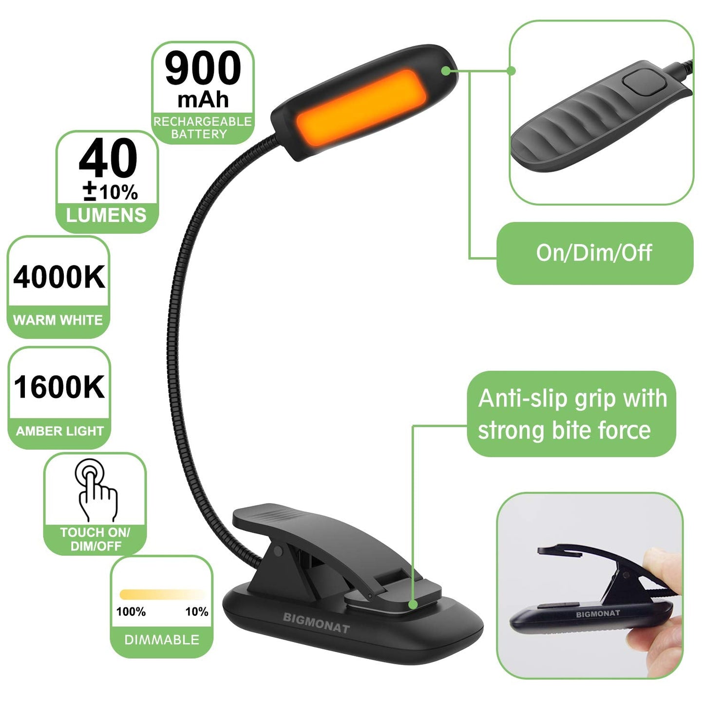 BIGMONAT LED Book Reading Light - Rechargeable, Adjustable Brightness, Portable, USB, Black, Model B94-A