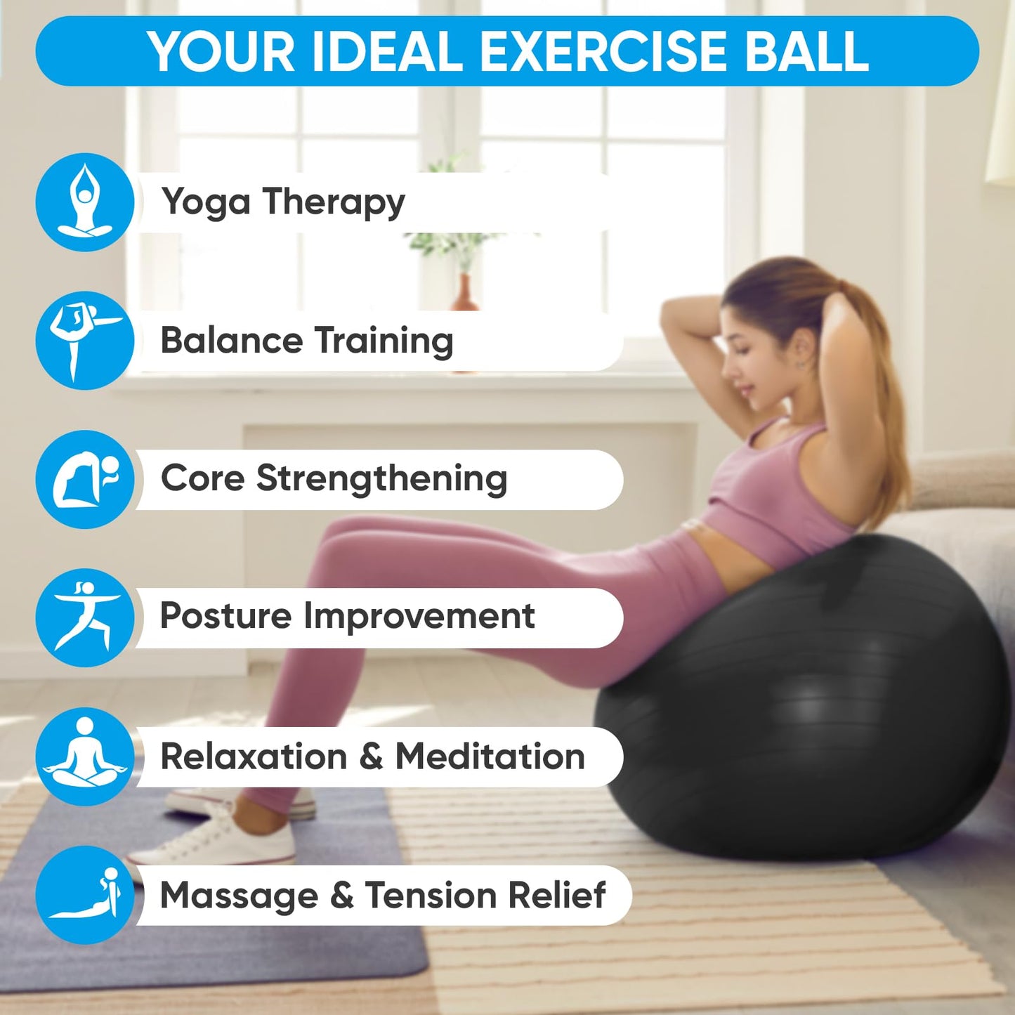 APEXUP Yoga Ball Exercise Ball, Anti Slip Stability Ball Chair, Heavy Duty Large Gym Ball for Fitness, Balance, Core Workout and Physical Therapy (M (19"~22'') 55cm, Black)
