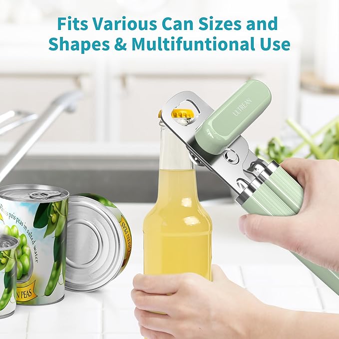 Ultrean Manual Can Opener Bottle Opener, Heavy Duty Stainless Steel Smooth Edge Manual Hand Held Can Opener With Soft Touch Handle, Rust Proof Oversized Handheld Easy Turn Knob (Green)