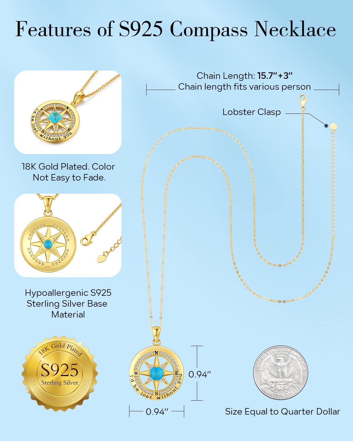 S925 Necklace Gift for Wife, Compass Jewelry Women Anniversary, Sterling Silver Girlfriend Birthday Gifts for Her Valentines Id