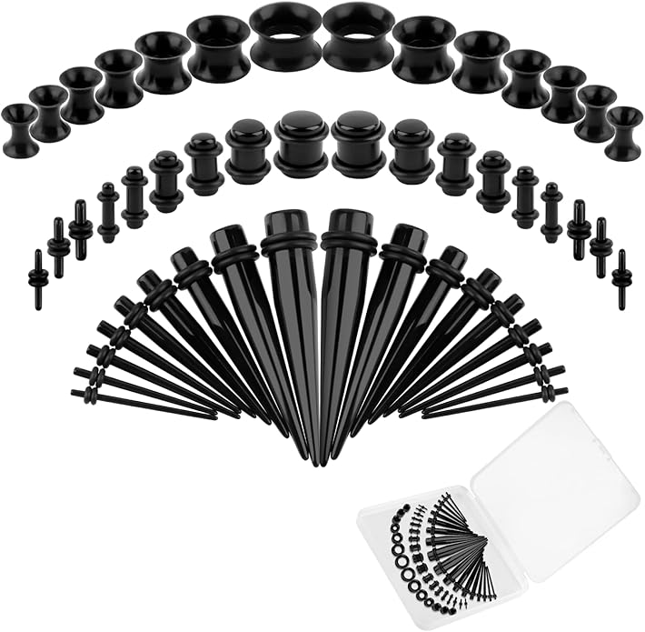 Okxiri 50 Pcs Ear Stretching Kit, Acrylic Gauges for Ears 14G-00G, Lightweight Tapers+ Plugs+ Silicone Tunnels, Gauge Stre...