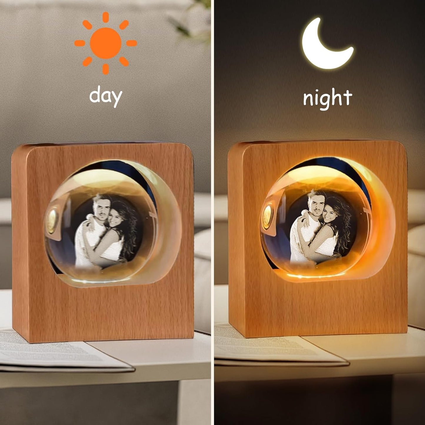 Custom 3D Crystal Photo Night Light – Personalized Glass Photo Ball with Customized 3D Picture Engraving, LED Light Wood Base, Unique Custom Gifts for Family, Pets, Birthday, Valentine's Day (Style 1)