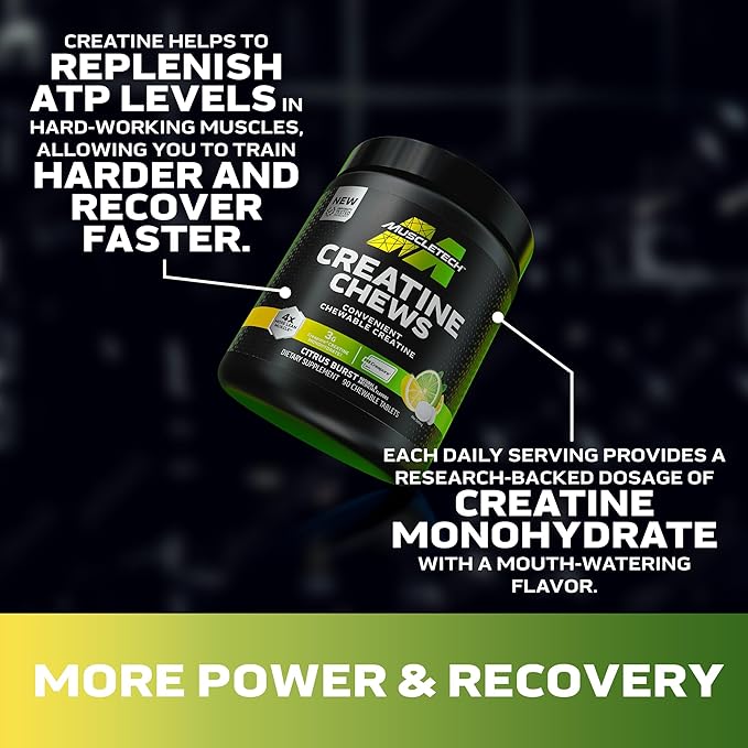 MuscleTech Creatine Chews - Creapure Monohydrate Supplement for Muscle Recovery, Muscle Builder & Energy Boost - Pre Workout Supplement for Men & Women - 90 Chewable Candies, Citrus Burst