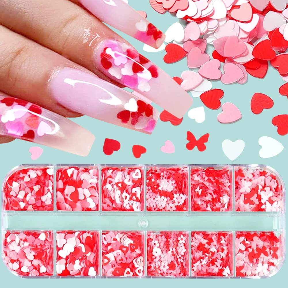 Valentines Nail Glitters, Holographic Heart Nail Glitter Sequins Red White Heart Butterfly Flowers Mixed Design Valentines Day N