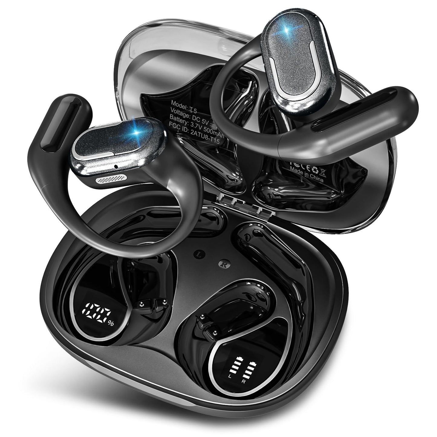 Byobyc Bluetooth 5.4 Headphones True Wireless Stereo Earbuds 40H Playtime LED Power Display Earphones with lPX5 Waterproof Open Ear Buds for Sporting, Working, Studying Black