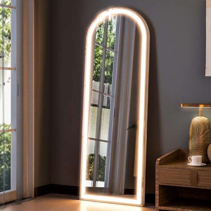 GLSLAND Arched LED Full Length Mirror 64" x 21" Arch Floor Body Standing Mirror with Lights Dimming Wall Mounted Hanging Floor Mirror for Bedroom