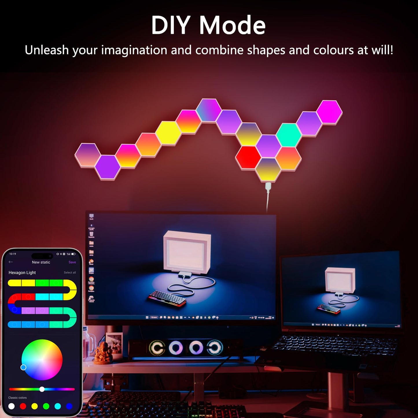 Zwzasm RGB Hexagon Wall Lights, 8 Pack Smart LED Panel Lights with App & Remote, Music Sync, DIY Shapes for Living Room, Bedroom, Gaming Room