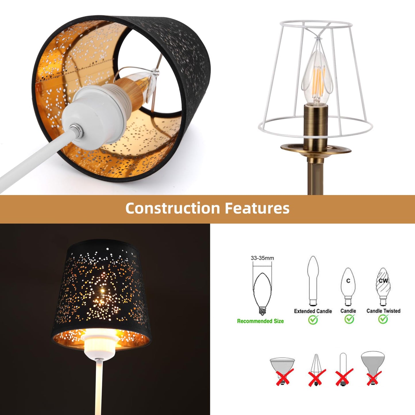 YISUN Lamp Shades Set of 6, Fabric + Iron + PVC, Black/Gold, Clip On Bell Design, Model DF-LCZD10-DKC