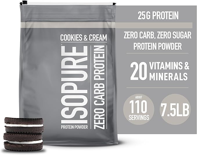 Isopure Zero Carb 100% Pure Whey Isolate Protein Powder, Lactose Free, Gluten Free, With Vitamins, Cookies & Cream, 25g Protein Per Serving, 7.5 Lbs, 110 Servings (Packaging May Vary)
