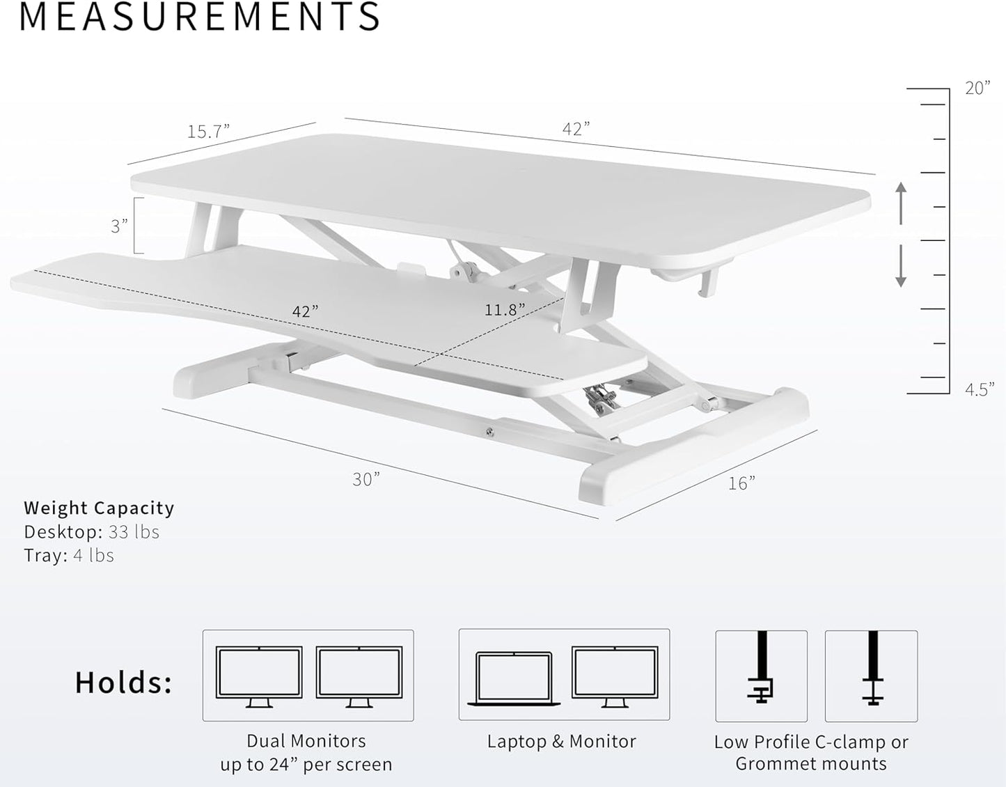 VIVO 42 inch Desk Converter, K Series, Height Adjustable Sit to Stand Riser, Dual Monitor and Laptop Workstation with Wide Keyboard Tray, White, DESK-V042KW