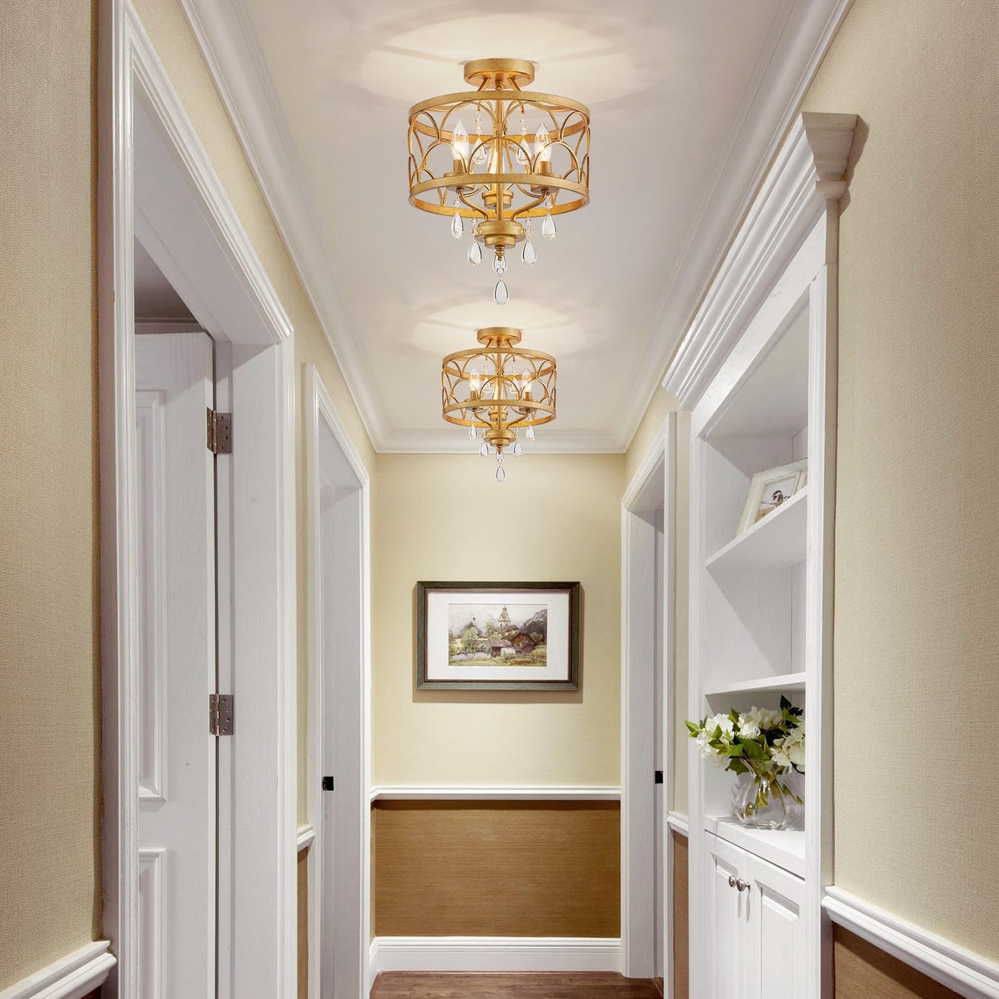 Crystal Ceiling Light Fixture  Modern Small Chandelier Light Fixture  Farmhouse Gold Semi Flush Mount Ceiling Light  Round Hallway Lighting Fixtures For Bedroom Entryway Closet Dining Room Living Room