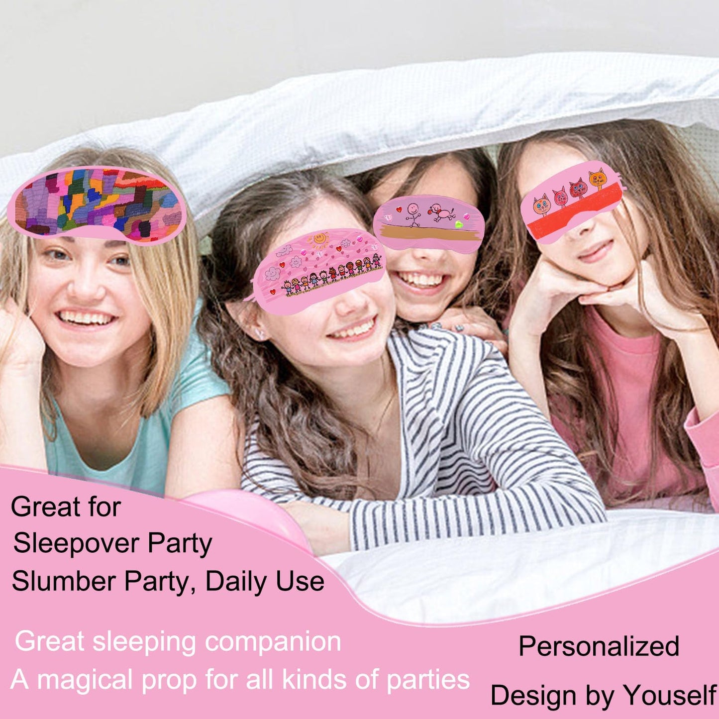 22 PCS Sleepover Party Supplies, 12 PCS Sleep Eye Masks Blindfold Slumber Eye Covering with 2 Sheets Self-Adhesive Heart Rhinestones Gems&8 PCS Fabric Marker Pens, Pink