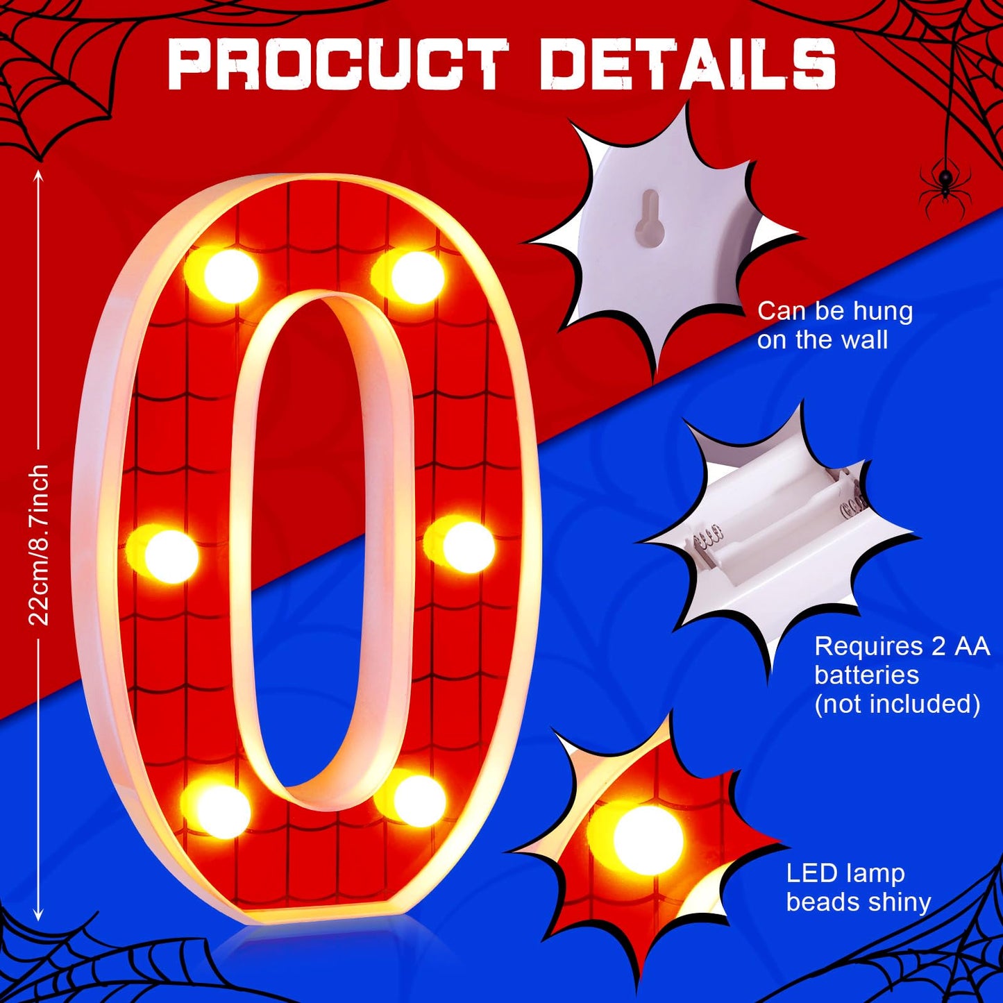 Vihose Spider Led Number Lights Spider Birthday Party Decoration Light Up Numbers Kids Boy Man Birthday Supplies For Marquee Night Christmas Gift Baby Shower(Number 0)