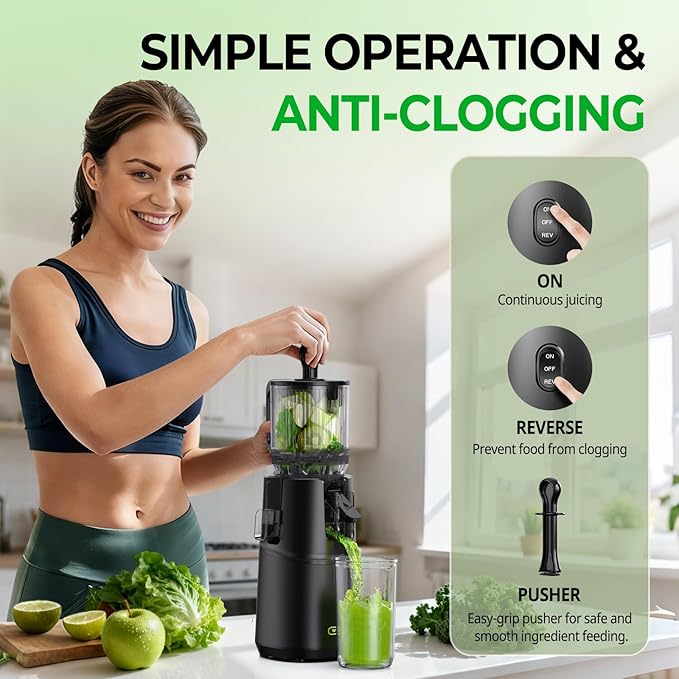 Cold Press Juicer, WETIE Juicer Machines with Large Feed Chute for Whole Fruits & Vegetables,Juice Extractor Slow Masticating Juicer with Large Auger, 99% High Juice Yield, Easy to Clean & Assembly