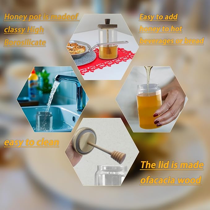24 oz Glass Honey Jar with Wooden Dipper & Lid - Airtight Honey Pot, Wide Mouth Syrup Dispenser, No Drip Container for Home Kitchen，Clear Honey Container for Home Kitchen