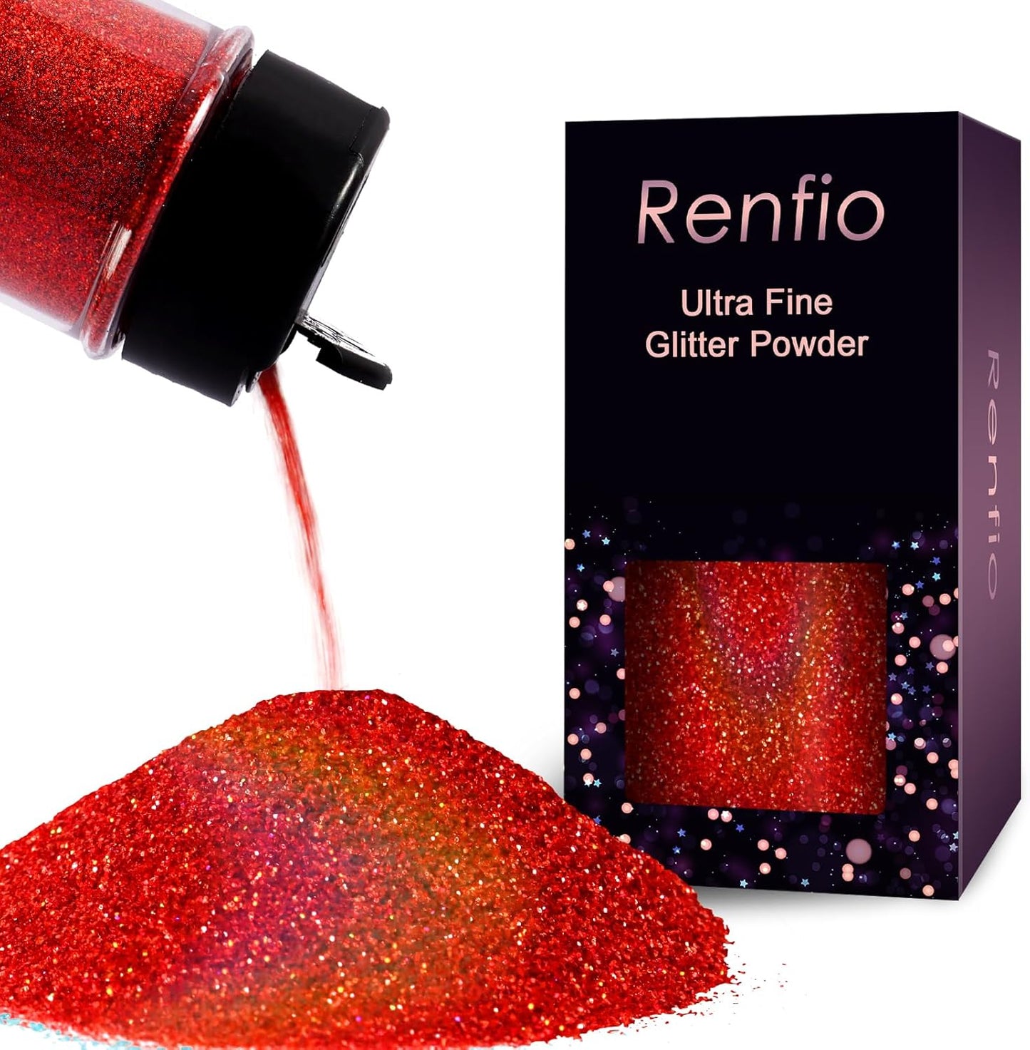 Renfio Holographic Ultra Fine Glitter Powder Metallic Resin Glitter 2.11 Oz (60g) PET Flakes Crafts Sequins 1/128" 0.008" 0.2mm Epoxy Chips Flakes for Tumblers Slime Roses Decorations - Laser Red