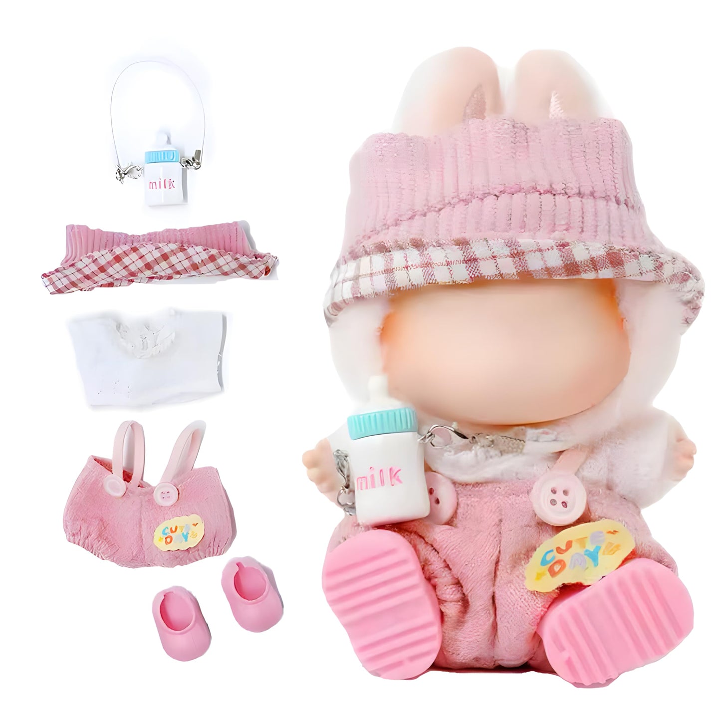 Clothes for Labubu - 5 Pieces Clothing Set for 15cm&17cm Labubu, Cute Dolls Outfits for Girls, with Headband + Undershirt + Overalls + Shoes + Milk Bottle(Pink)