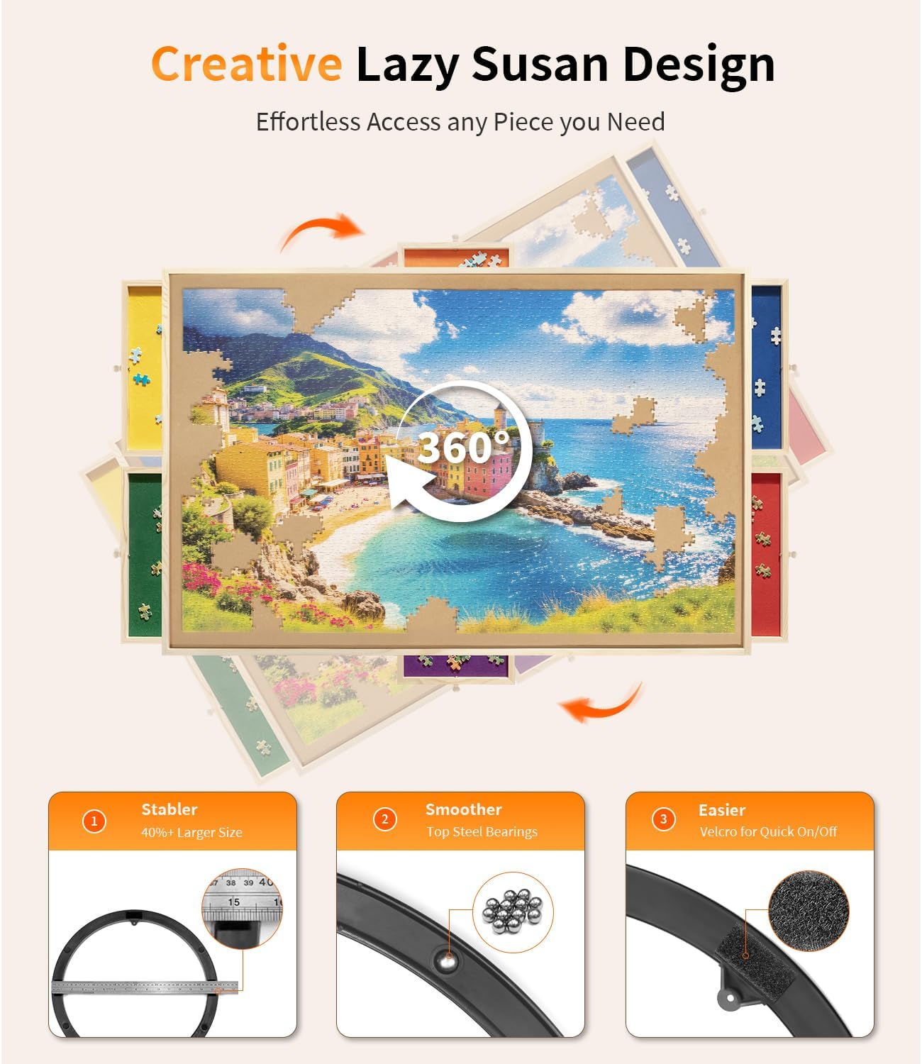 1500 Piece Rotating Puzzle Board Pro, 34" x 25" with 6 Drawers, Rubber Cover Mat, 360° Lasy Susan, Sort-Wise Colorful Felt Drawers & 4 Trays, Wooden Jigsaw Puzzle Table, Birthday Gifts for Mom