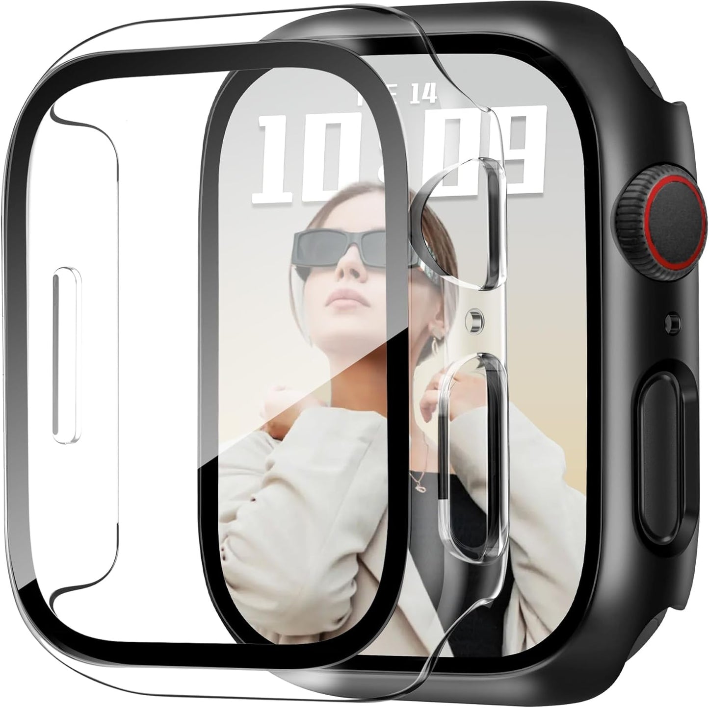 JR.DM 44mm 2 Pack Hard PC Case with HD Tempered Glass Screen Protector for Apple Watch Series 6/5/4/SE/SE2/SE3, Guard Bumper Full Coverage Protective Anti-Scratch Face Cover for iWatch, Black+Clear