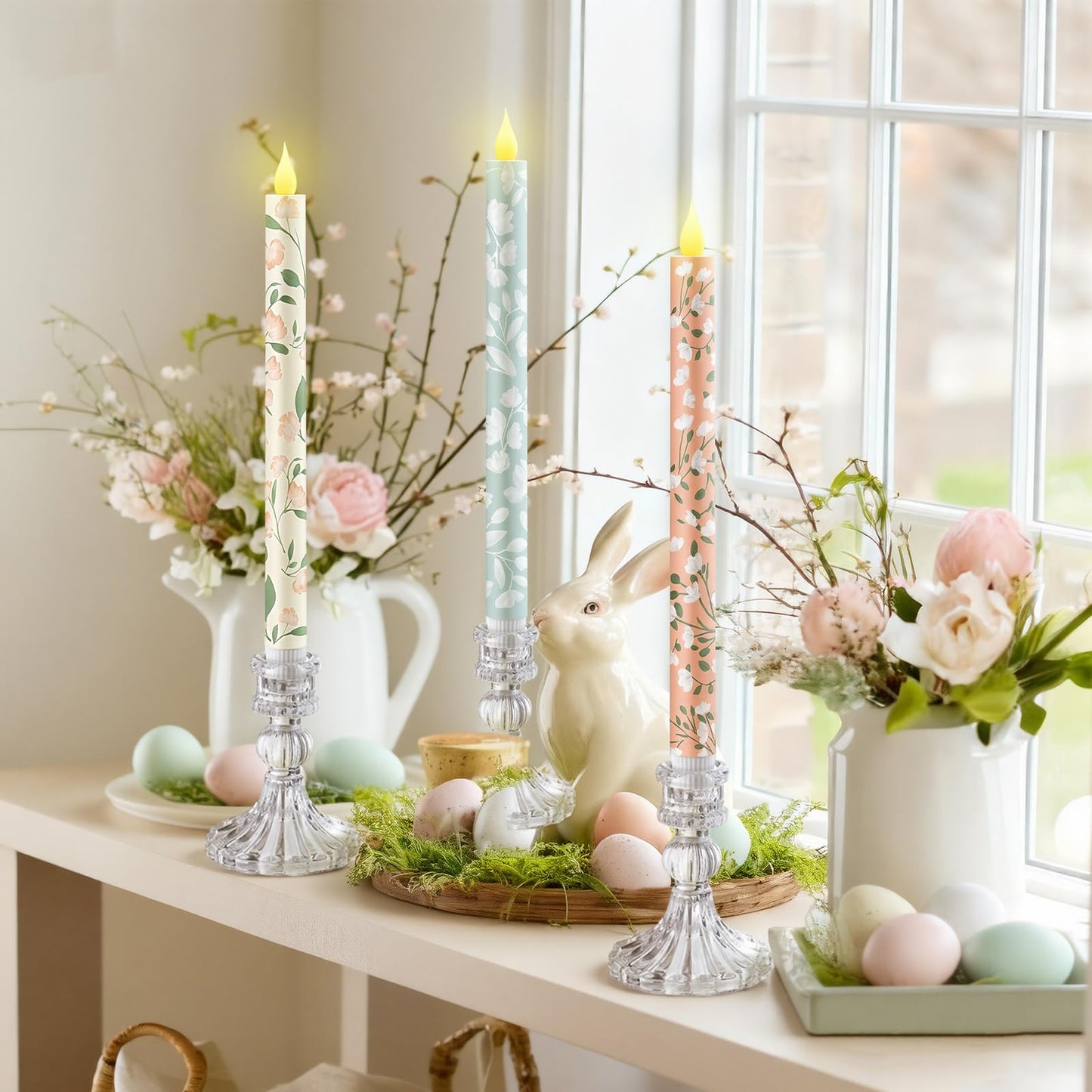 Honoson 6 Pcs Easter Flameless Taper Candles 10.6 Inch Spring Flower Candles Battery Operated LED Candlesticks for Easter Dinner Table Home Party Decor