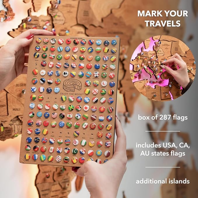 Enjoy The Wood 3D Wood World Map LED 3.0 Wall Art Modern Home Decor Gifts LED Lighting Wall Decor Housewarming Gift (Oak)