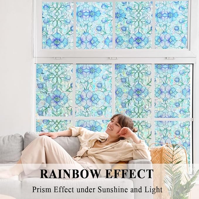 Etched Window Privacy Film Blue Purple Floral Sliding Glass Door Tint No Glue Static Cling Decals 3D Rainbow Decorative Covers Iridescent Anti UV Removal DIY Home Office,17.5X78.7in.