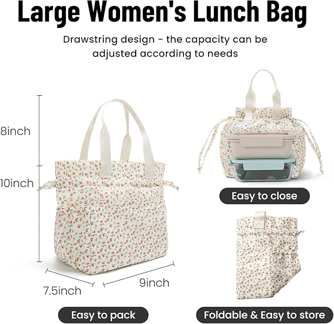 MEXS Lunch Bag for Women Reusable Drawstring Insulated Lunch Box Stain-Resistant Large Cinch Closure Lunch Bags for Work Office
