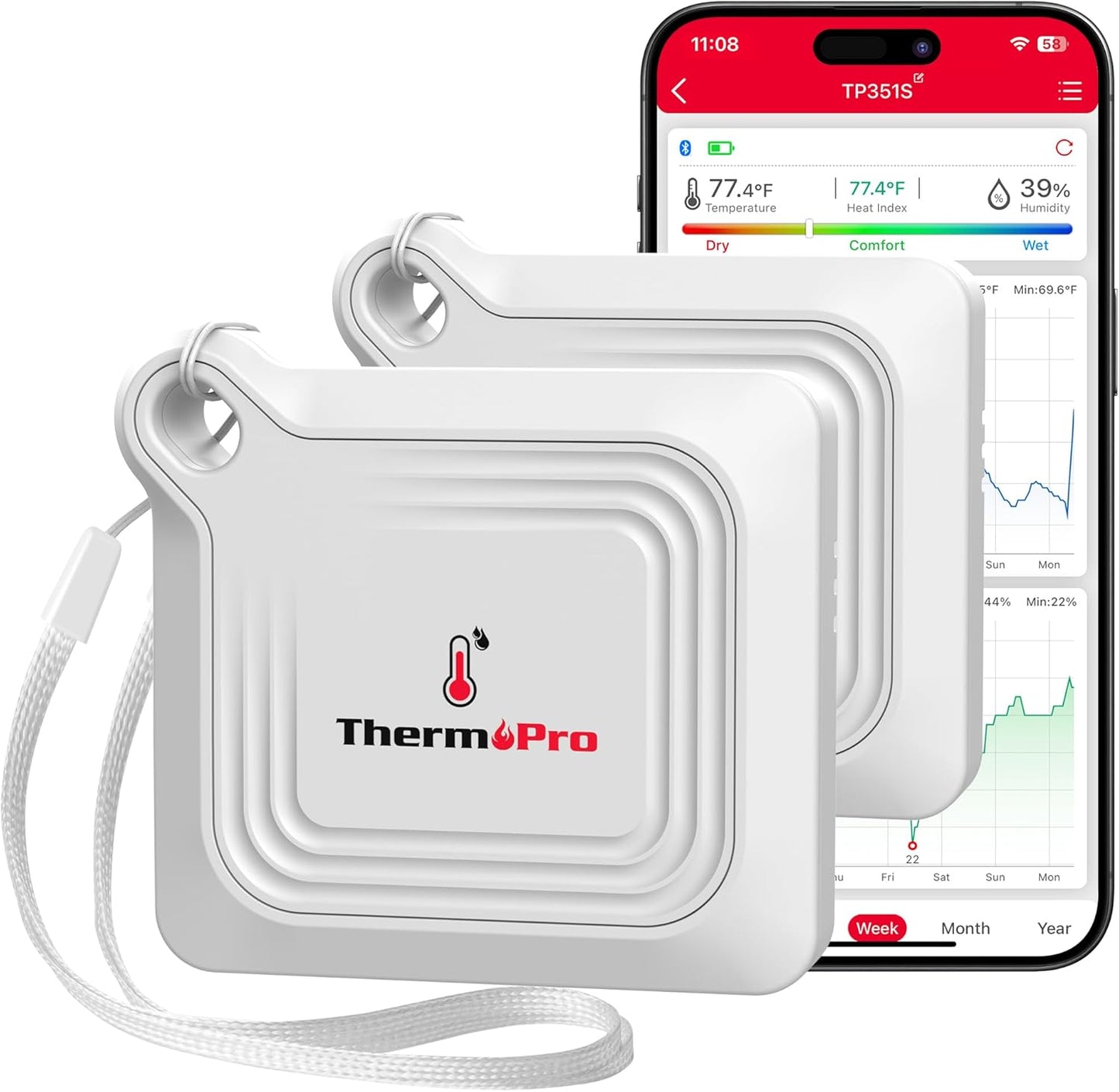 ThermoPro Bluetooth Hygrometer Thermometer for House, 260FT Temperature and Humidity Monitor, Remote App Control Humidity Temperature Sensor, 2-Year Data Storage Export for Greenhouse Room, 2 Pack