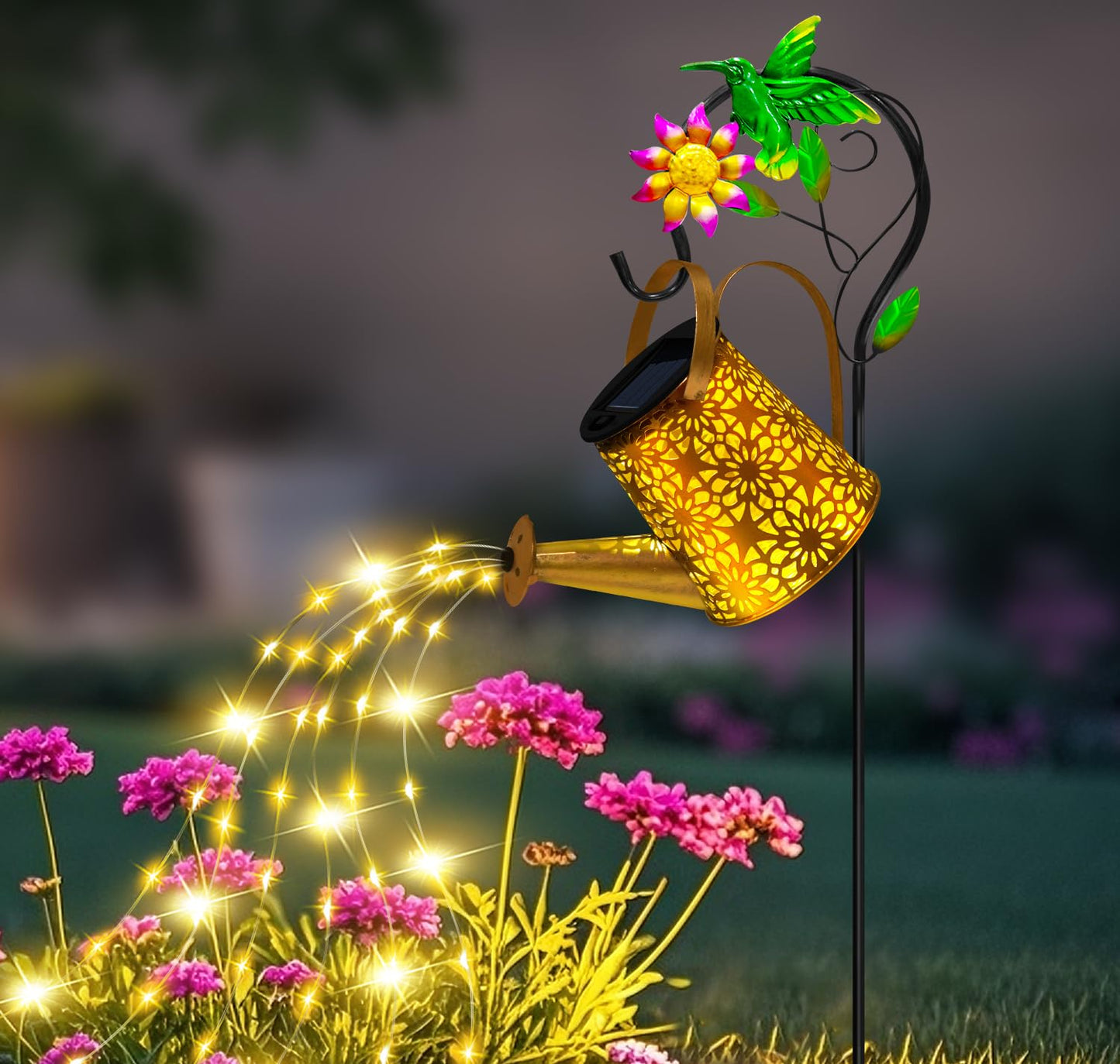 Solar Metal Watering Can With Hummingbrid Shepherd Hook And Cascading Lights - Outdoor Solar Lantern For Garden  Yard  Patio Decor And Gardening Gifts For Women MotherS Day