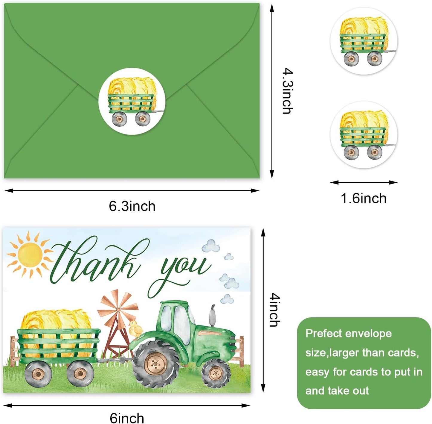 Whaline 24 Pack Green Tractor Thank You Cards Bulk Grain Chicken Tractor Note Card with Envelopes Stickers Green Yellow Greeting Blank Card for Farmhouse Birthday Baby Shower