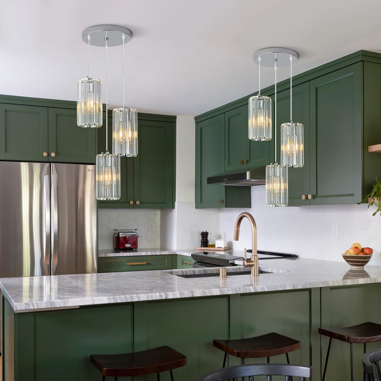 Zhllmq Chrome Pendant Lighting Modern Pendant Light  Mini Crystal Chandeliers Adjustable Pendant Light Fixture For Kitchen Island Dinning Room Corridor Bedroom(Gold 3-Light)