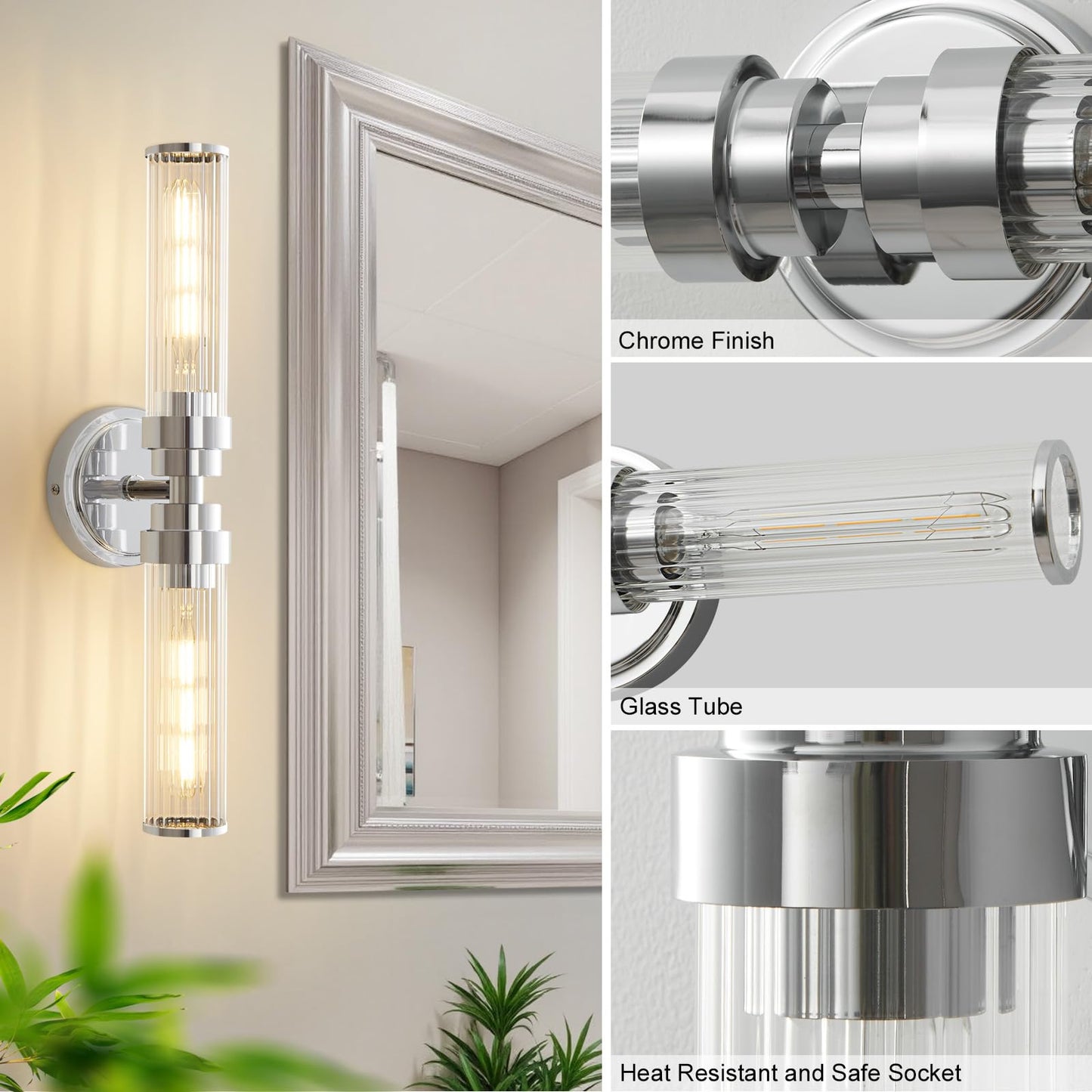 Vaziden Bathroom Light Fixtures  Chrome Wall Sconce In Threaded Glass Indoor Vanity Lights  Modern Bathroom Vanity Light Up And Down Sconces Wall Lighting For Bathroom  Living Room - Bulb Not Included
