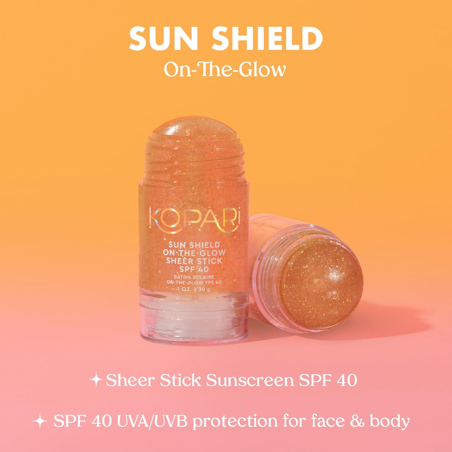 Kopari Sun Shield On-The-Glow Sheer Sunscreen Stick SPF 40, Sweat and Water Resistant Roll On Sunscreen For Face and Body with V