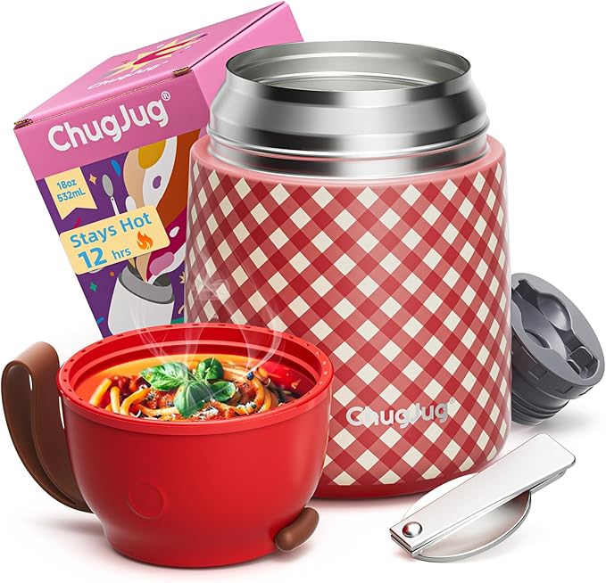 Thermo for Hot Food for Adults Kids | Wide Mouth, 18 oz Insulated Food Jar with Spoon, Leakproof Soup Thermo for School Office Travel, Thermal Steel Lunch Container Easy to Carry (Red)