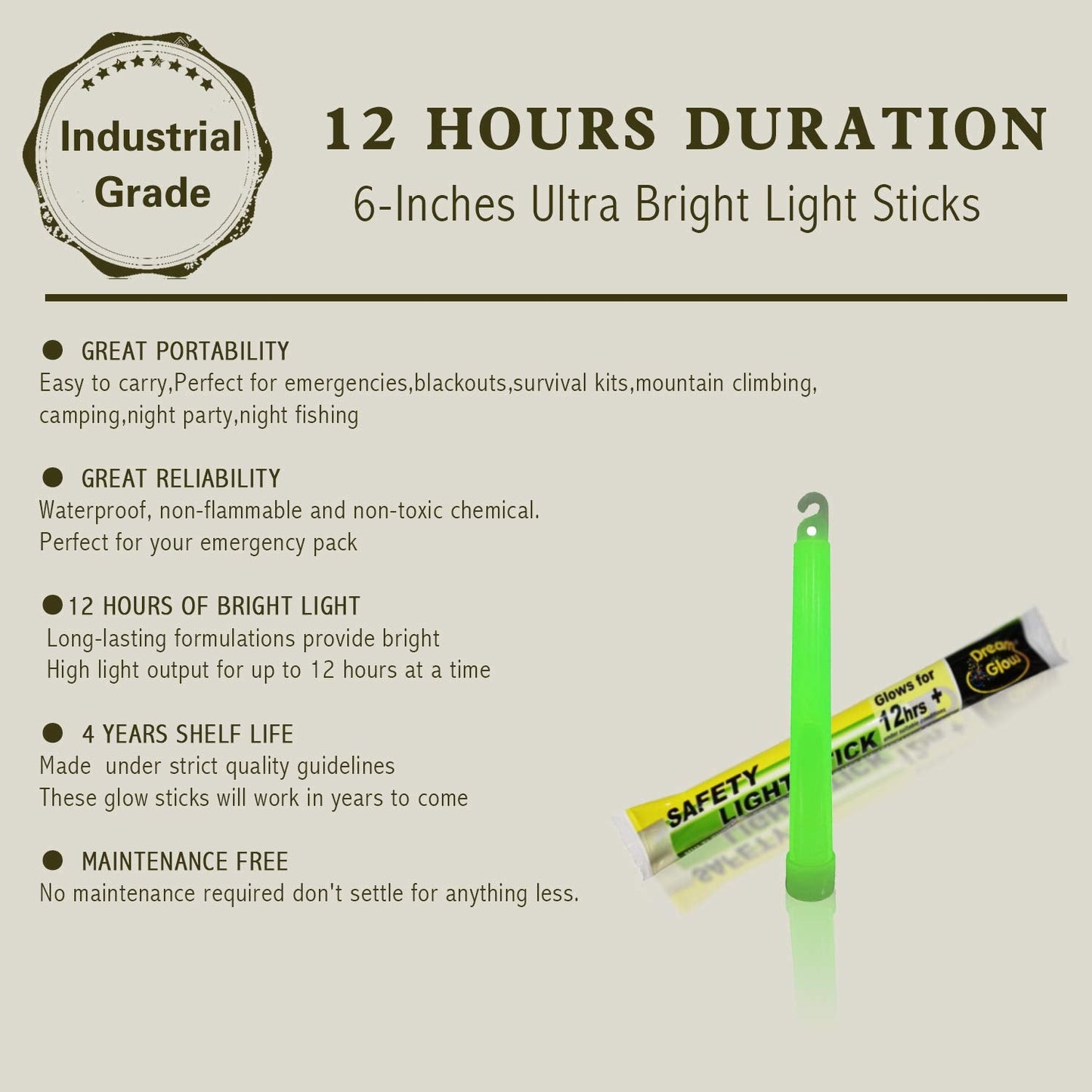 Dream Glow 12 Industrial Grade Glow Sticks, 6 Ultra Bright Emergency Light, Green, Lasts 12+ Hours, Perfect For Camping & Survival Kits
