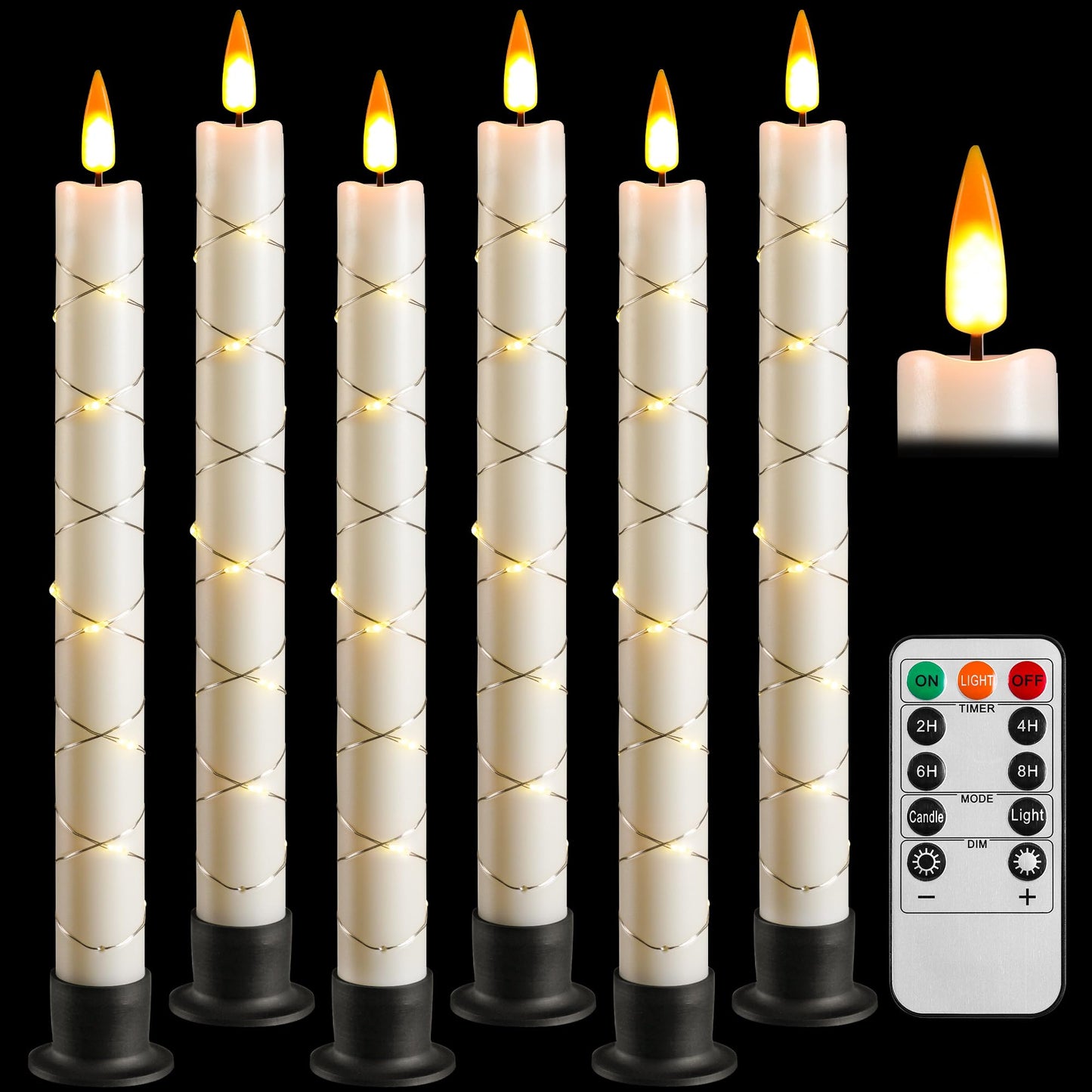Da by 6 Flameless Window Candles with Remote Control & Timer, Surround String Lights, Battery Powered, 9.6" Christmas Candles, Free 6 Black Bases for Home Décor