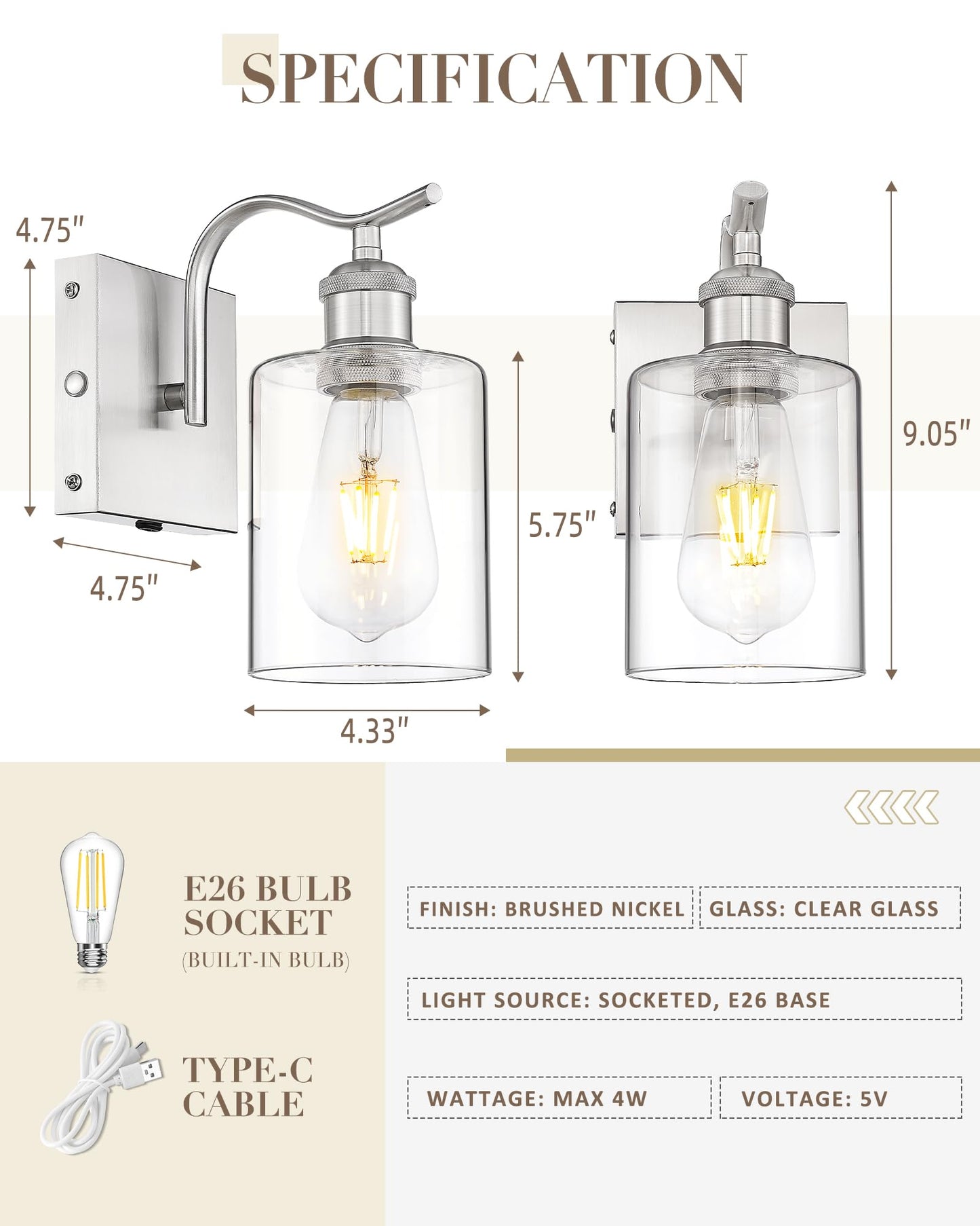 Jazava Brushed Nickel Battery Cordless Wall Sconces  Rechargeable Sconces Wall Lighting Fixture With Clear Glass Shade For Bathroom Industrial Metal Wall Mount Lamp For Bedroom Living Room Zcvl01Bn-1A